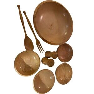 Woodpecker Woodware 9 Piece Salad Bowl Set VTG Light Wood MCM